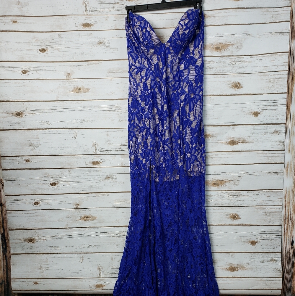 Plunge Dress Royal Lace Nude Mini Sheer Slit Party